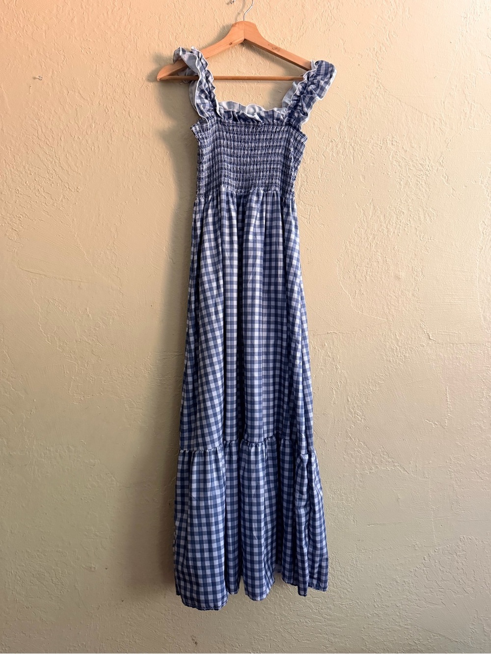 Smocked Grey Gingham Maxi Dress with Ruffle Straps